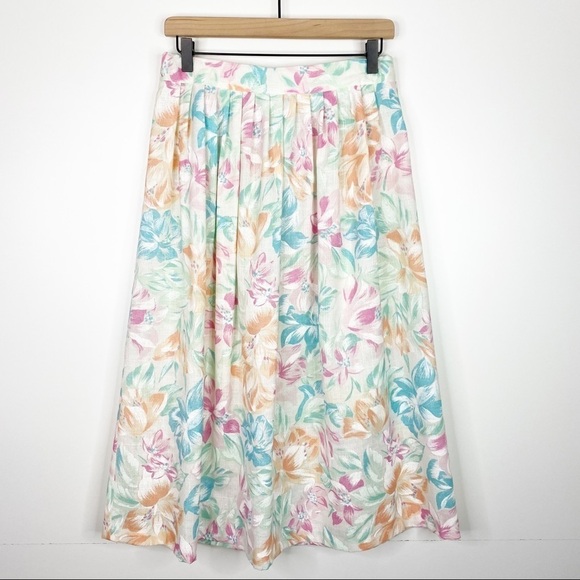 Vintage Alicia Pastel Floral Cottagecore Pleated Elastic Waist A Line Midi Skirt - Picture 1 of 6